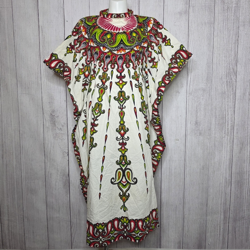 Vintage Tambu Kaftan Maxi Dress Folk Art Dashiki Print Boho Festival, Free Size